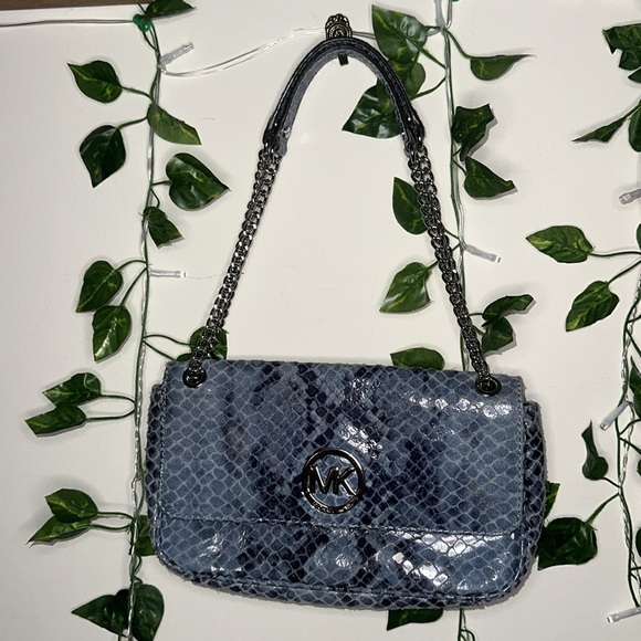 Michael Kors Fulton Denim Blue Python Leather Shoulder Bag - Picture 3 of 8